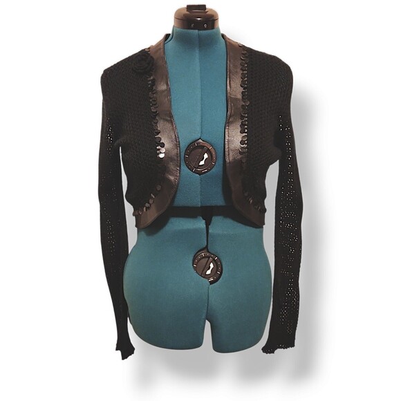 Margaret Godfrey Black Leather and Open Knit Sweater Shrug Jacket Small - Picture 1 of 5